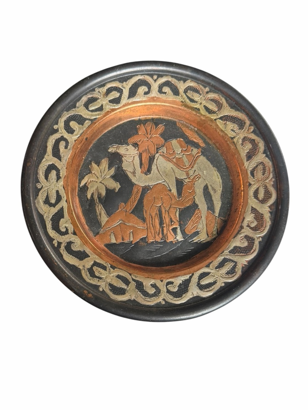 Vintage Cairo Egyptian Decorative Hand Tooled Wall Plate Camel Desert MCM 60s
